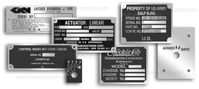 anodized aluminum name plates, rating plates, miltary spec nameplates, MIL-DTL-15024F Type H plate samples