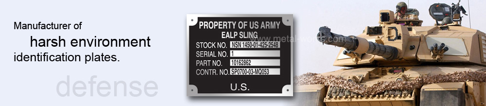 GG-P-455 anodized aluminum nameplate with military tank - defense